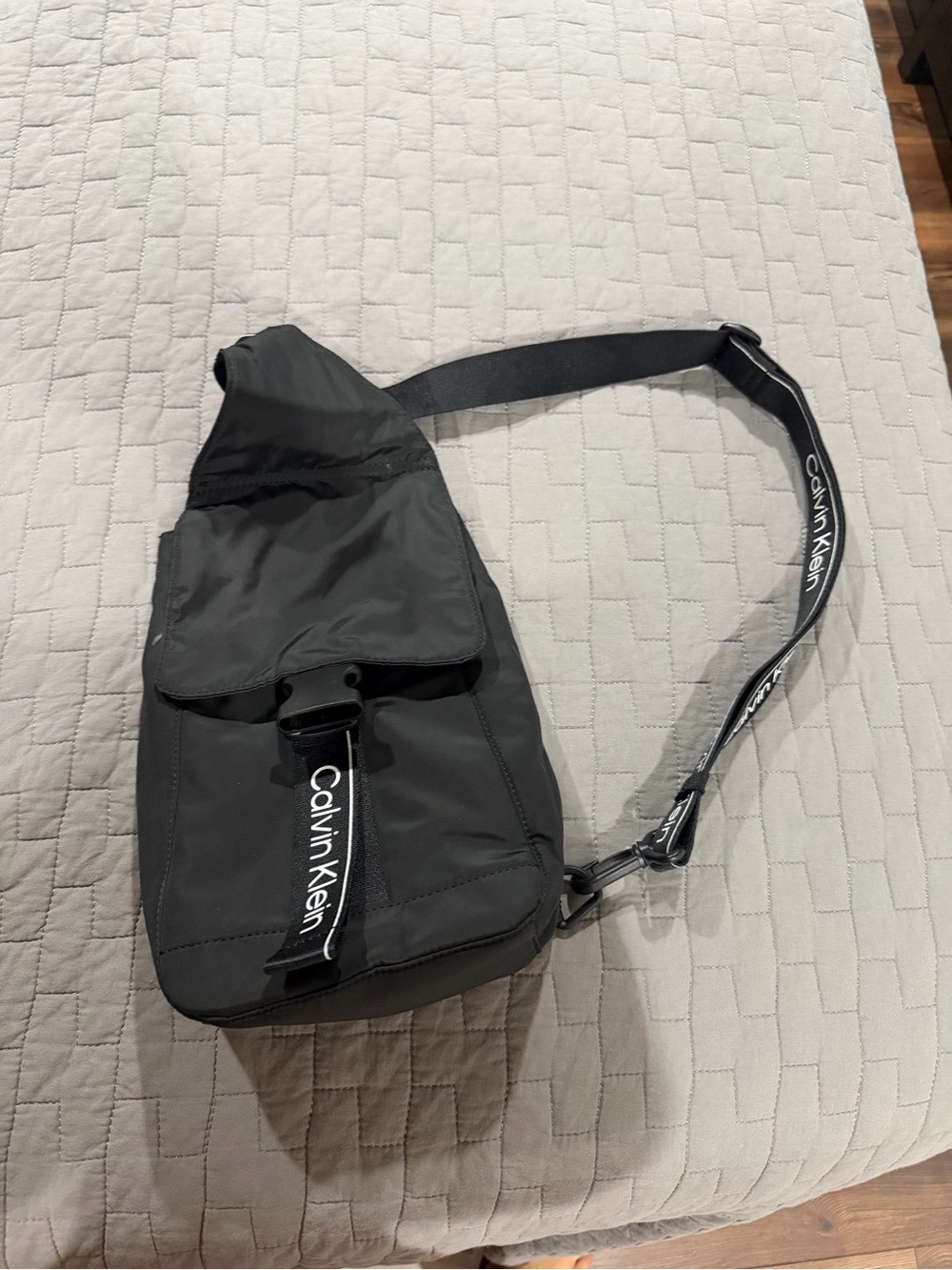 Calvin Klein Black Nylon Crossbody Sling Bag with Logo Strap